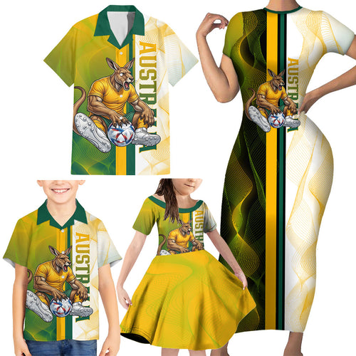 Personalized Australia Soccer Kangaroo Family Matching Short Sleeve Bodycon Dress and Hawaiian Shirt World Football Mascot Green Gold Abstract Wave