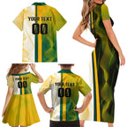 Personalized Australia Soccer Kangaroo Family Matching Short Sleeve Bodycon Dress and Hawaiian Shirt World Football Mascot Green Gold Abstract Wave