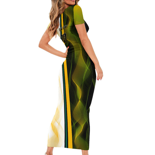 Personalized Australia Soccer Kangaroo Family Matching Short Sleeve Bodycon Dress and Hawaiian Shirt World Football Mascot Green Gold Abstract Wave