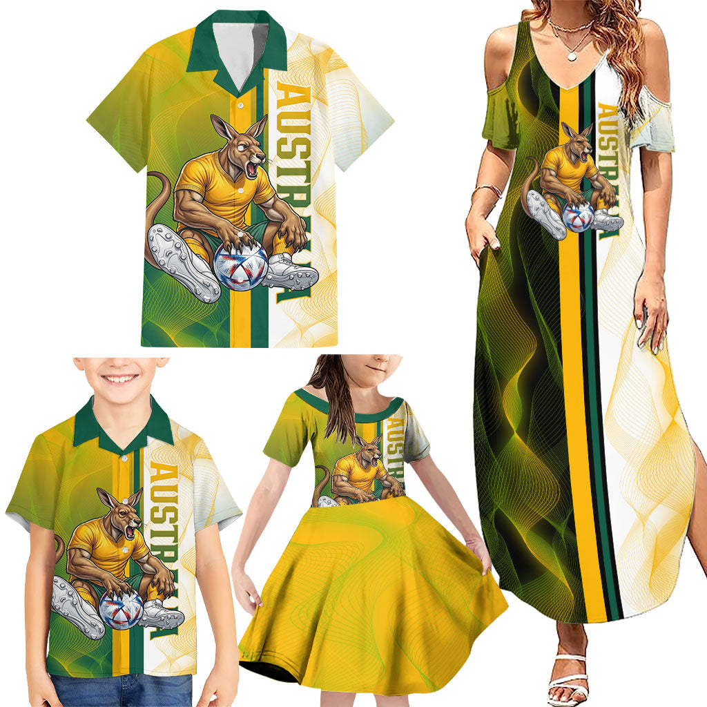 Personalized Australia Soccer Kangaroo Family Matching Summer Maxi Dress and Hawaiian Shirt World Football Mascot Green Gold Abstract Wave