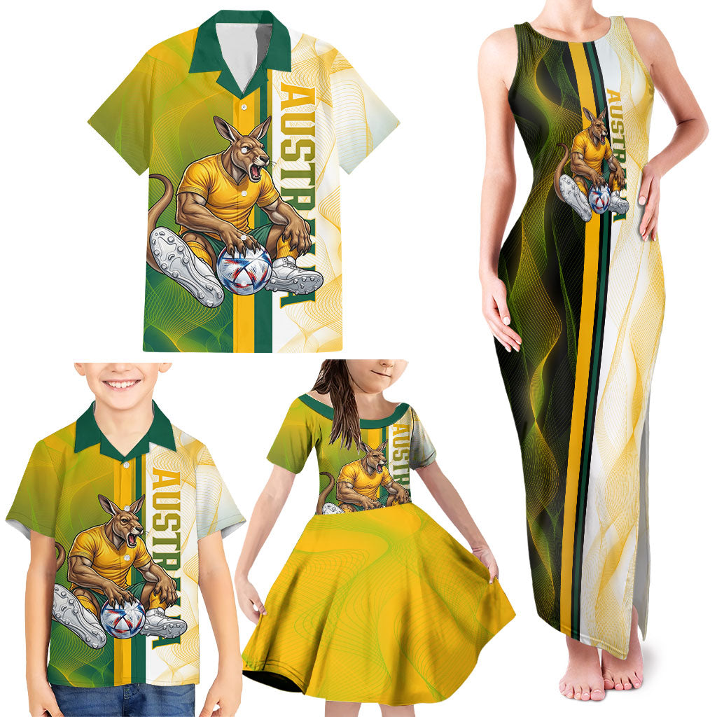 Personalized Australia Soccer Kangaroo Family Matching Tank Maxi Dress and Hawaiian Shirt World Football Mascot Green Gold Abstract Wave