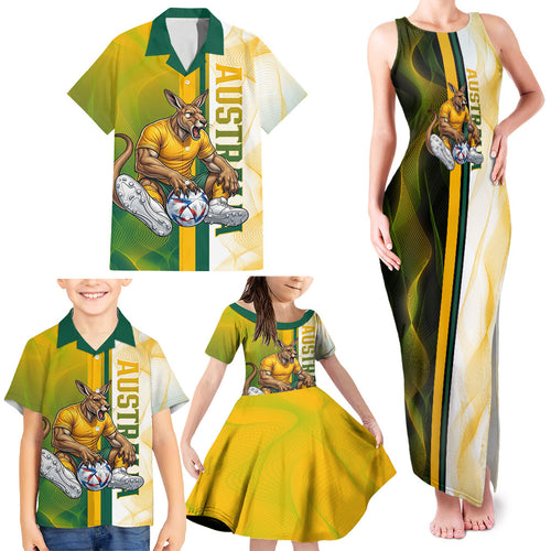 Personalized Australia Soccer Kangaroo Family Matching Tank Maxi Dress and Hawaiian Shirt World Football Mascot Green Gold Abstract Wave