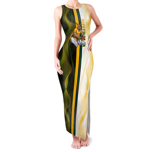 Personalized Australia Soccer Kangaroo Family Matching Tank Maxi Dress and Hawaiian Shirt World Football Mascot Green Gold Abstract Wave
