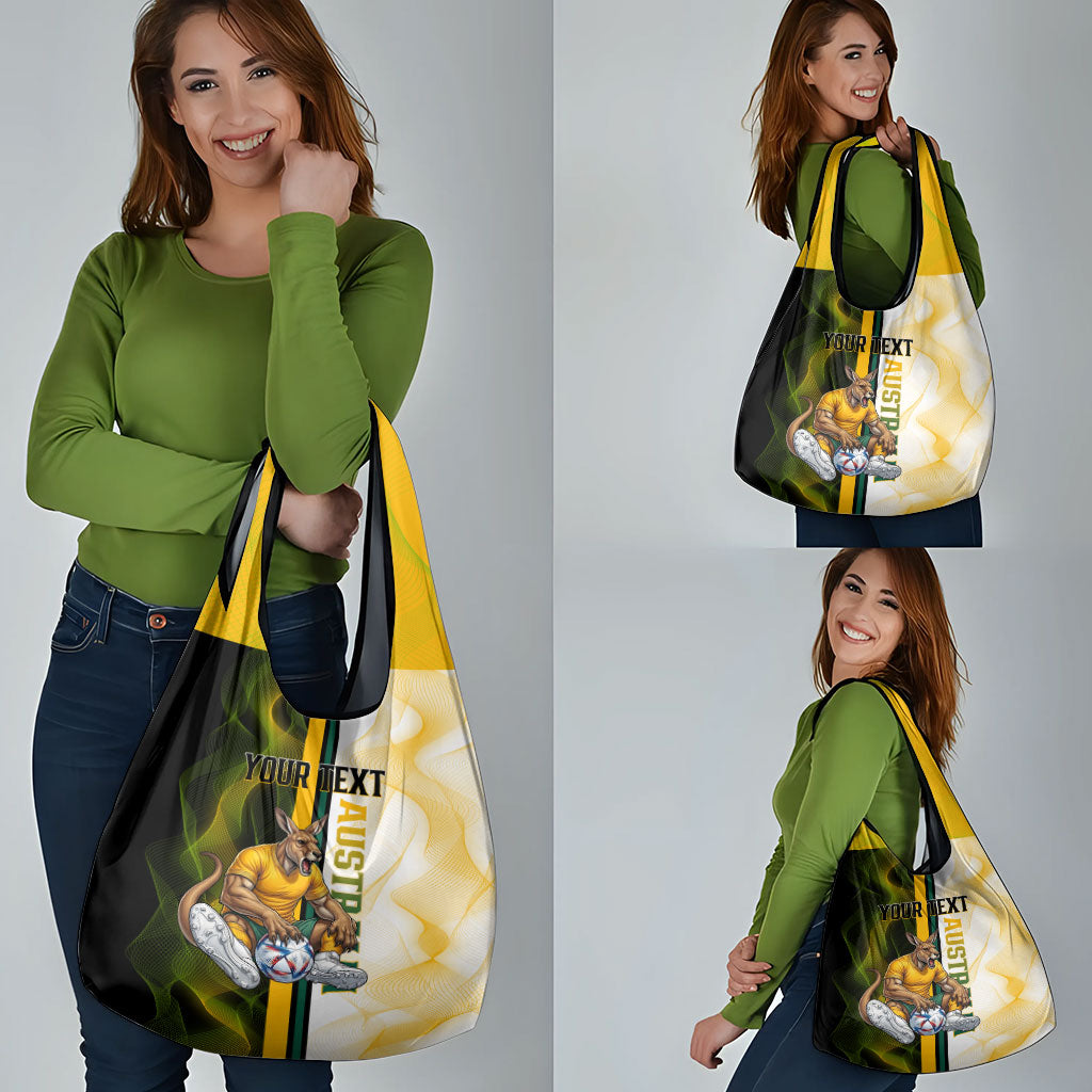 Personalized Australia Soccer Kangaroo Grocery Bag World Football Mascot Green Gold Abstract Wave