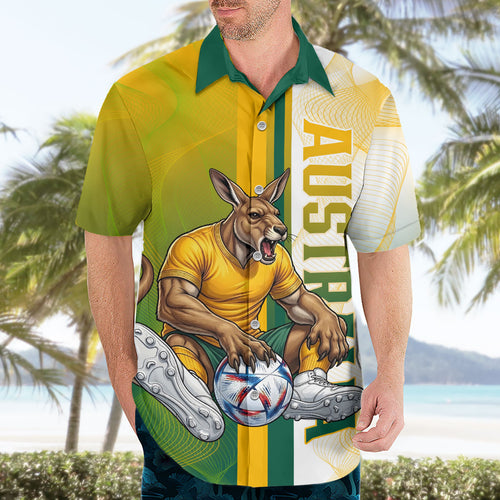 Personalized Australia Soccer Kangaroo Hawaiian Shirt World Football Mascot Green Gold Abstract Wave