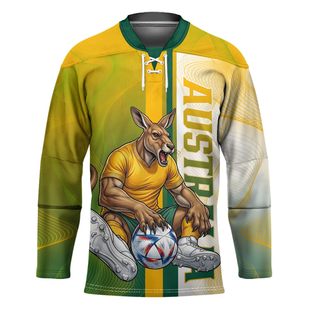 Personalized Australia Soccer Kangaroo Hockey Jersey World Football Mascot Green Gold Abstract Wave