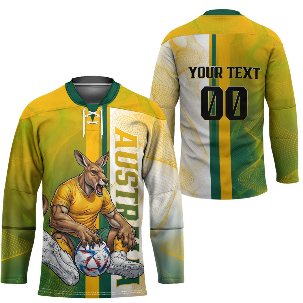 Personalized Australia Soccer Kangaroo Hockey Jersey World Football Mascot Green Gold Abstract Wave