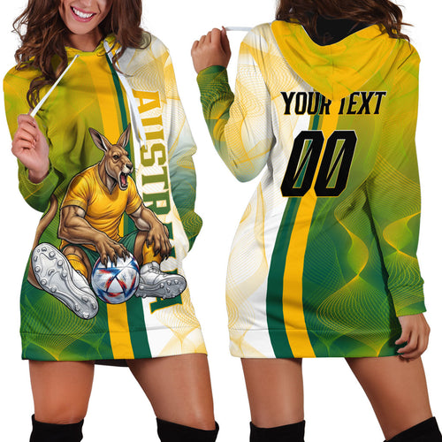 Personalized Australia Soccer Kangaroo Hoodie Dress World Football Mascot Green Gold Abstract Wave