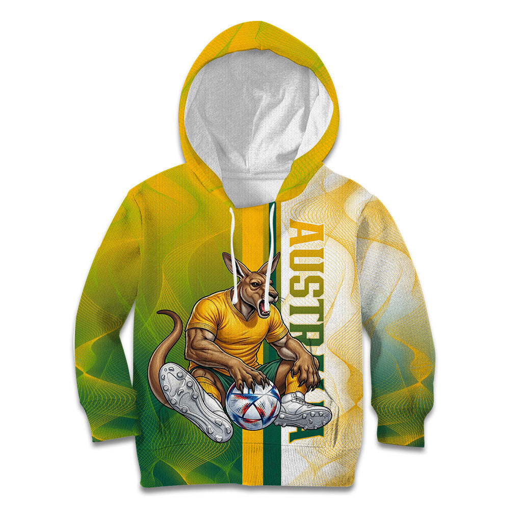 Personalized Australia Soccer Kangaroo Kid Hoodie World Football Mascot Green Gold Abstract Wave
