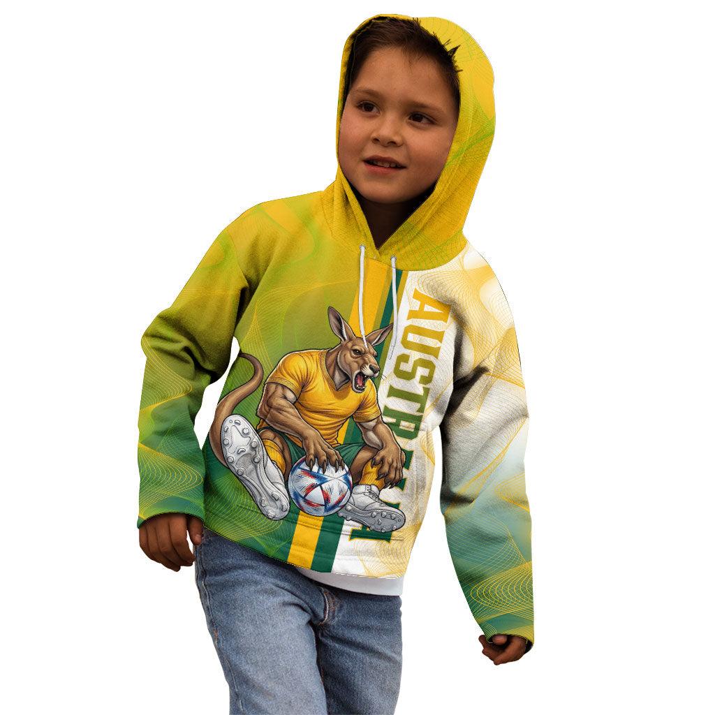Personalized Australia Soccer Kangaroo Kid Hoodie World Football Mascot Green Gold Abstract Wave