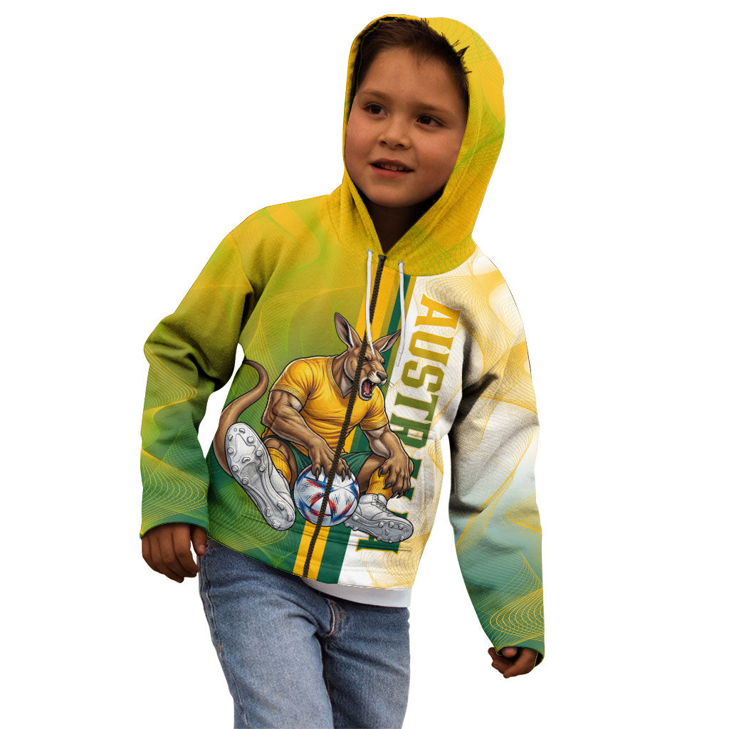 Personalized Australia Soccer Kangaroo Kid Hoodie World Football Mascot Green Gold Abstract Wave