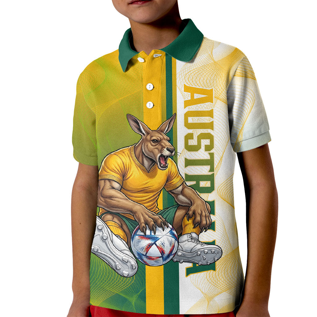 Personalized Australia Soccer Kangaroo Kid Polo Shirt World Football Mascot Green Gold Abstract Wave
