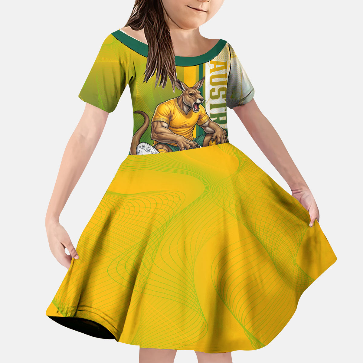 Personalized Australia Soccer Kangaroo Kid Short Sleeve Dress World Football Mascot Green Gold Abstract Wave
