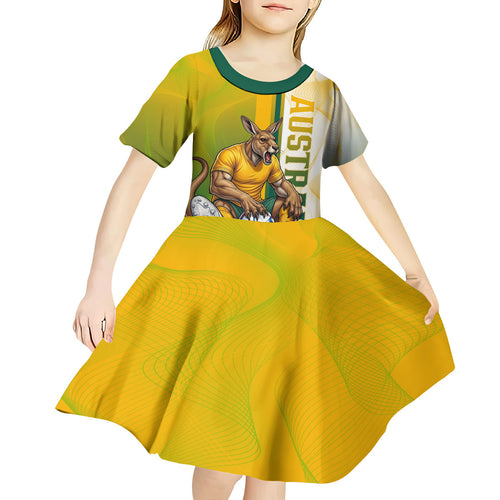 Personalized Australia Soccer Kangaroo Kid Short Sleeve Dress World Football Mascot Green Gold Abstract Wave