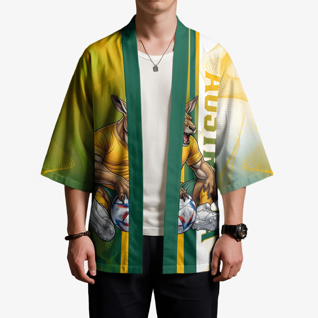 Personalized Australia Soccer Kangaroo Kimono World Football Mascot Green Gold Abstract Wave