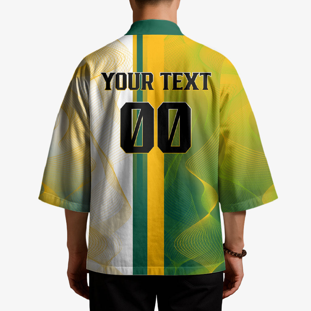 Personalized Australia Soccer Kangaroo Kimono World Football Mascot Green Gold Abstract Wave