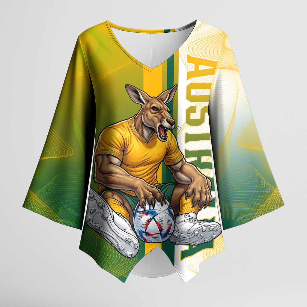 Personalized Australia Soccer Kangaroo Kimono Sleeve Blouse World Football Mascot Green Gold Abstract Wave