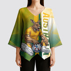 Personalized Australia Soccer Kangaroo Kimono Sleeve Blouse World Football Mascot Green Gold Abstract Wave
