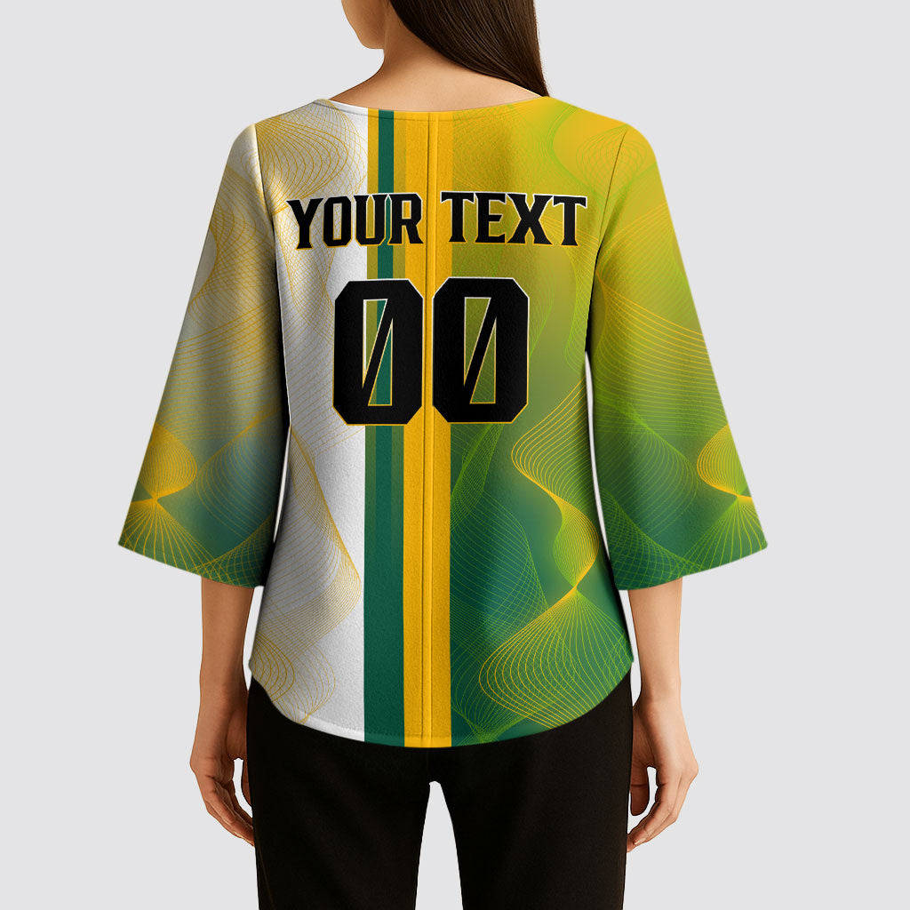Personalized Australia Soccer Kangaroo Kimono Sleeve Blouse World Football Mascot Green Gold Abstract Wave