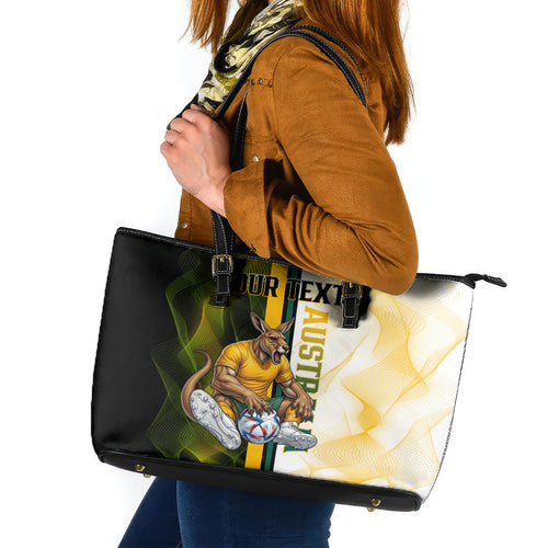 Personalized Australia Soccer Kangaroo Leather Tote Bag World Football Mascot Green Gold Abstract Wave