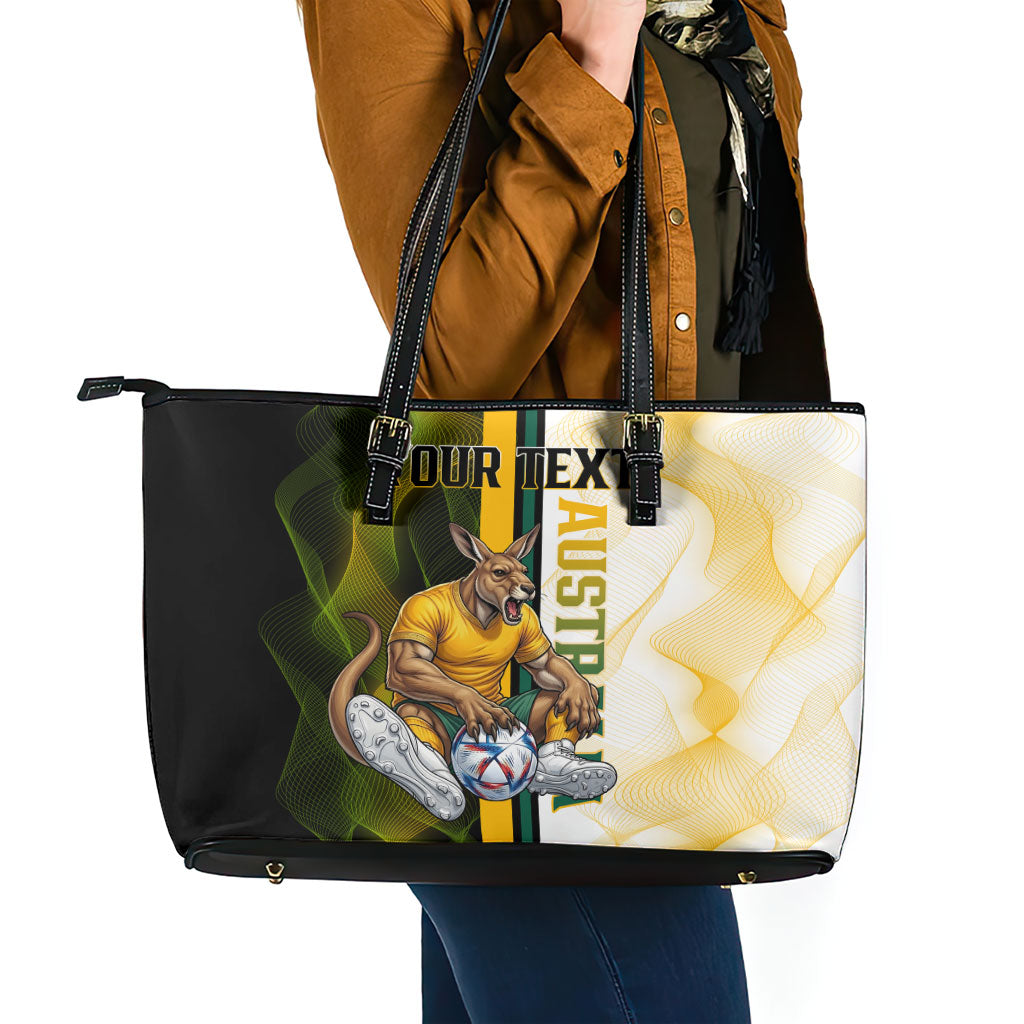 Personalized Australia Soccer Kangaroo Leather Tote Bag World Football Mascot Green Gold Abstract Wave