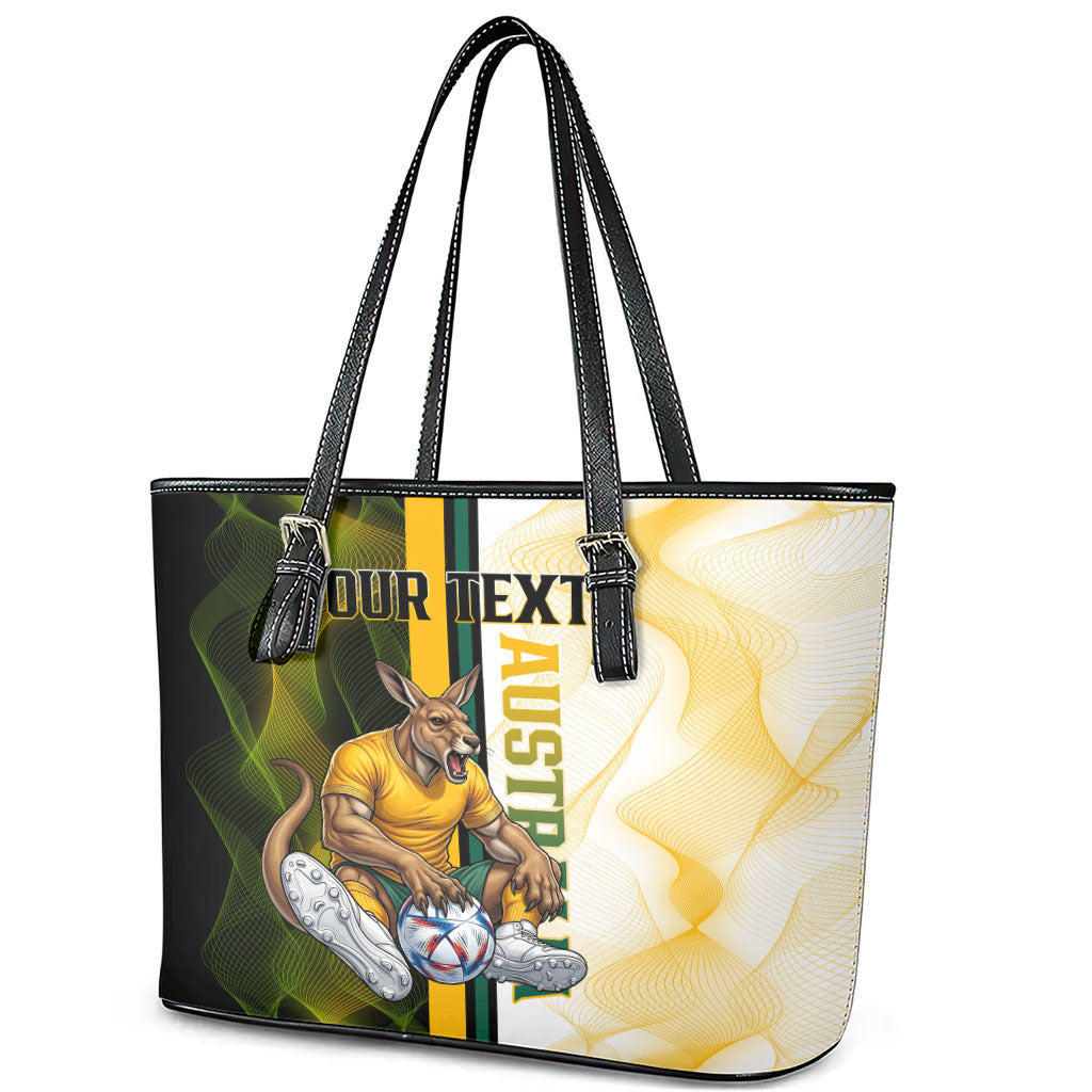 Personalized Australia Soccer Kangaroo Leather Tote Bag World Football Mascot Green Gold Abstract Wave
