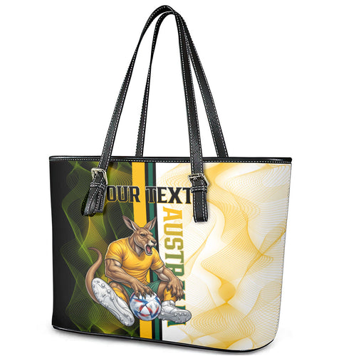 Personalized Australia Soccer Kangaroo Leather Tote Bag World Football Mascot Green Gold Abstract Wave