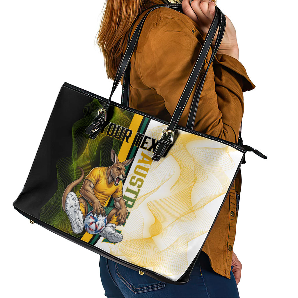 Personalized Australia Soccer Kangaroo Leather Tote Bag World Football Mascot Green Gold Abstract Wave