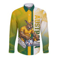 Personalized Australia Soccer Kangaroo Long Sleeve Button Shirt World Football Mascot Green Gold Abstract Wave
