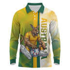 Personalized Australia Soccer Kangaroo Long Sleeve Polo Shirt World Football Mascot Green Gold Abstract Wave