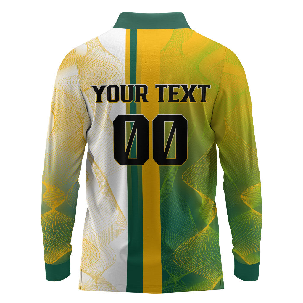 Personalized Australia Soccer Kangaroo Long Sleeve Polo Shirt World Football Mascot Green Gold Abstract Wave