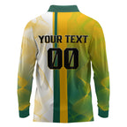 Personalized Australia Soccer Kangaroo Long Sleeve Polo Shirt World Football Mascot Green Gold Abstract Wave