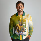 Personalized Australia Soccer Kangaroo Long Sleeve Polo Shirt World Football Mascot Green Gold Abstract Wave