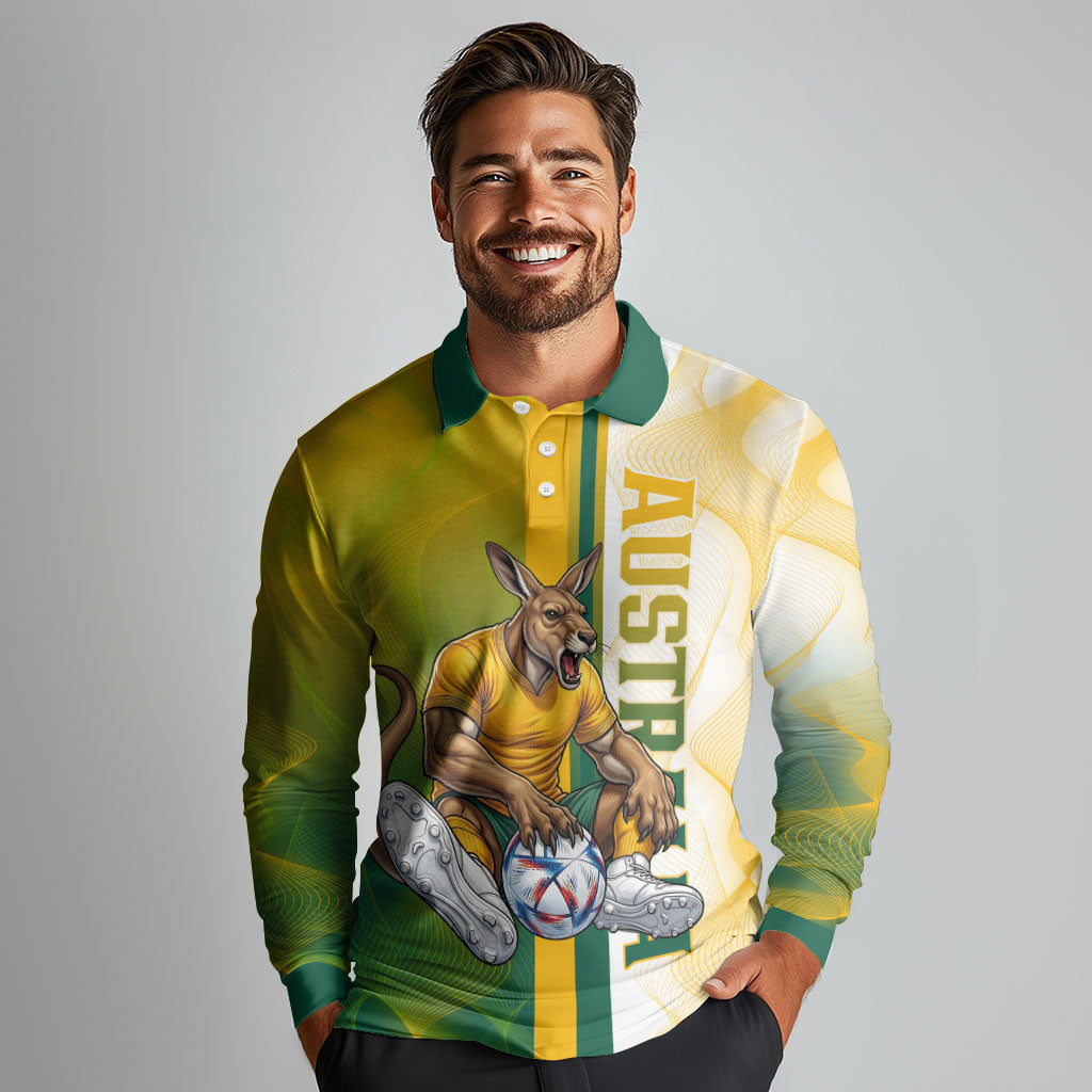 Personalized Australia Soccer Kangaroo Long Sleeve Polo Shirt World Football Mascot Green Gold Abstract Wave