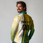 Personalized Australia Soccer Kangaroo Long Sleeve Polo Shirt World Football Mascot Green Gold Abstract Wave