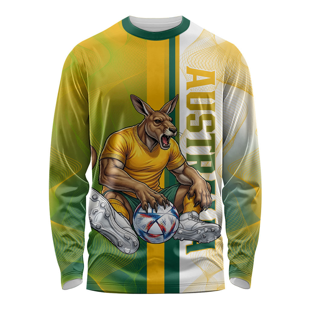 Personalized Australia Soccer Kangaroo Long Sleeve Shirt World Football Mascot Green Gold Abstract Wave