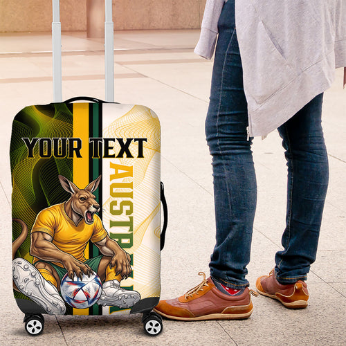 Personalized Australia Soccer Kangaroo Luggage Cover World Football Mascot Green Gold Abstract Wave