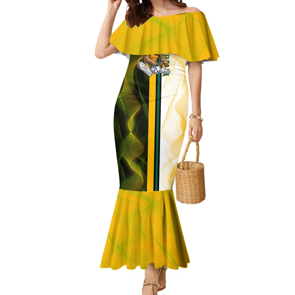 Personalized Australia Soccer Kangaroo Mermaid Dress World Football Mascot Green Gold Abstract Wave