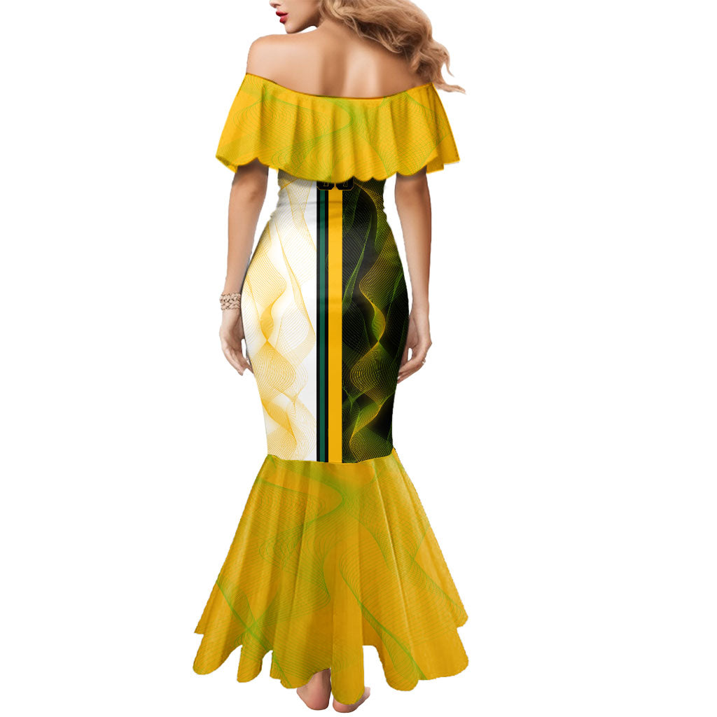 Personalized Australia Soccer Kangaroo Mermaid Dress World Football Mascot Green Gold Abstract Wave