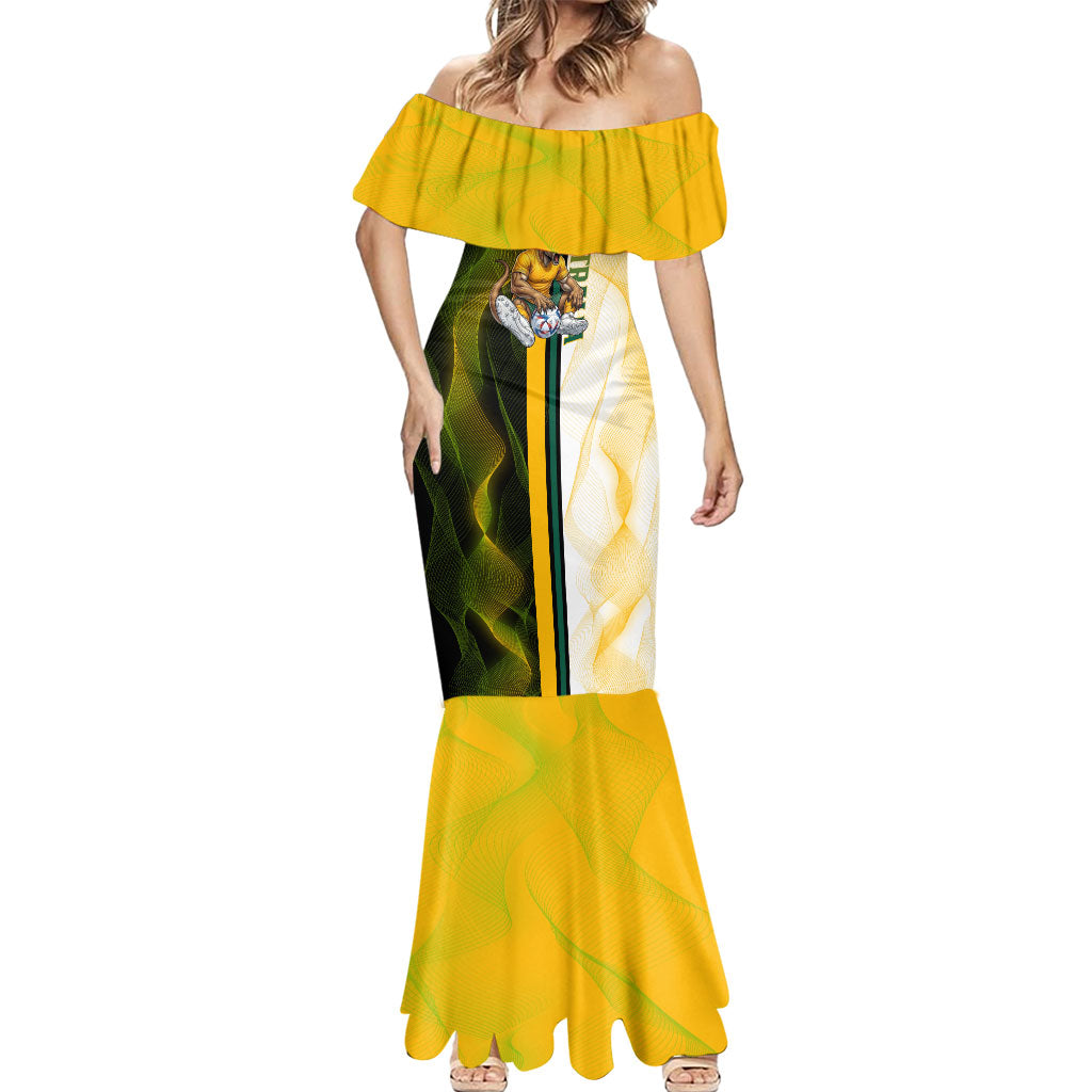 Personalized Australia Soccer Kangaroo Mermaid Dress World Football Mascot Green Gold Abstract Wave