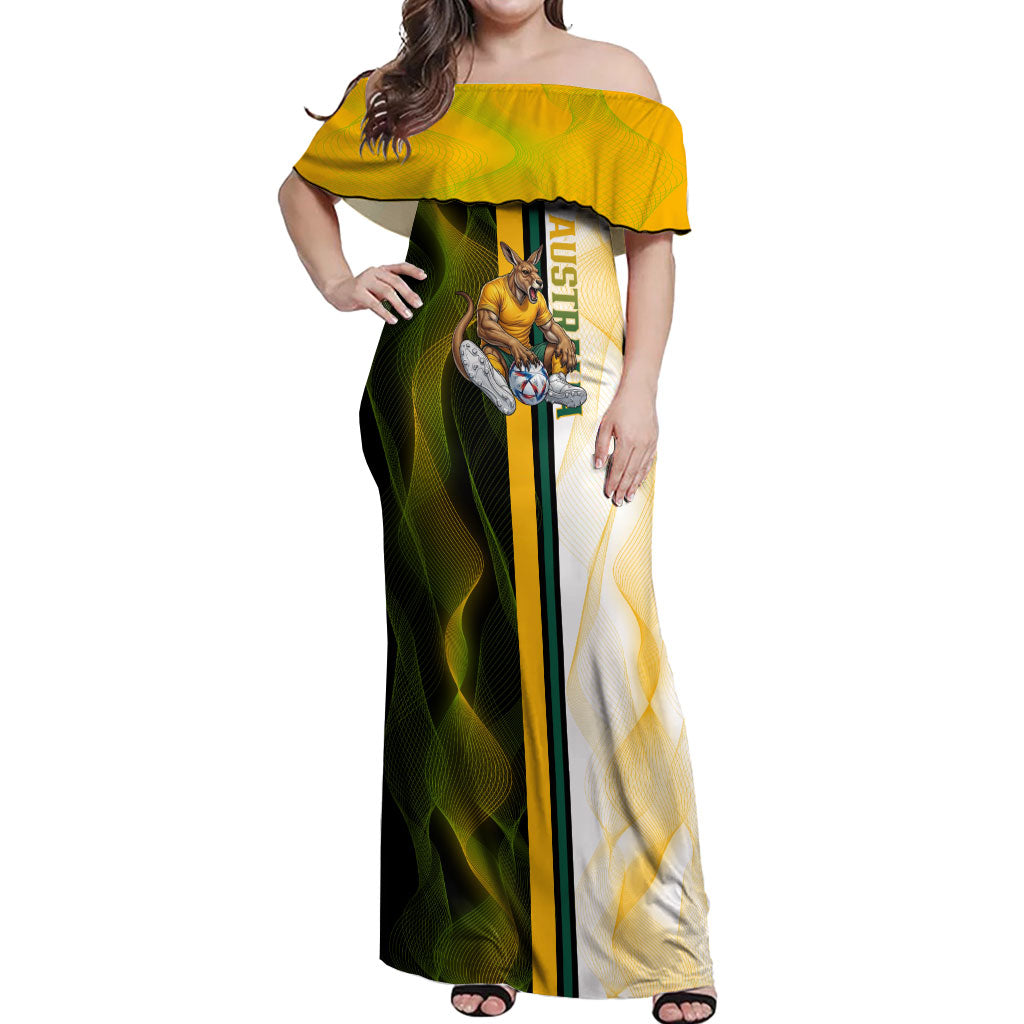 Personalized Australia Soccer Kangaroo Off Shoulder Maxi Dress World Football Mascot Green Gold Abstract Wave