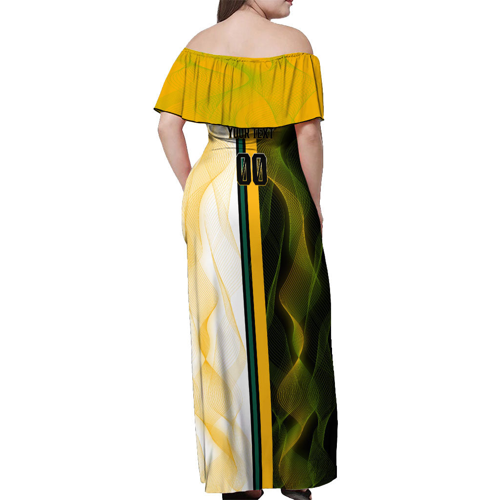 Personalized Australia Soccer Kangaroo Off Shoulder Maxi Dress World Football Mascot Green Gold Abstract Wave