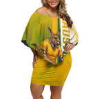 Personalized Australia Soccer Kangaroo Off Shoulder Short Dress World Football Mascot Green Gold Abstract Wave