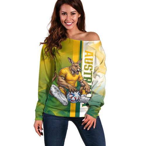 Personalized Australia Soccer Kangaroo Off Shoulder Sweater World Football Mascot Green Gold Abstract Wave