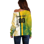 Personalized Australia Soccer Kangaroo Off Shoulder Sweater World Football Mascot Green Gold Abstract Wave