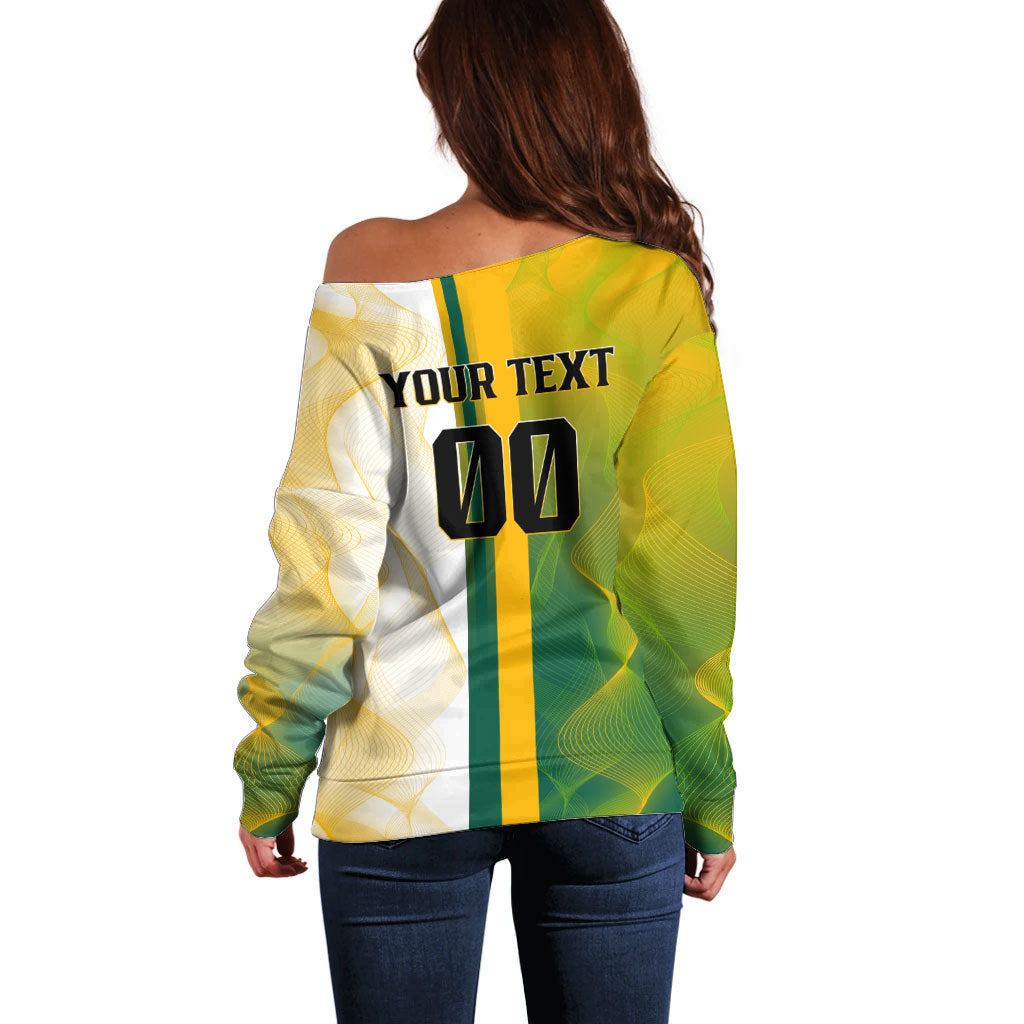 Personalized Australia Soccer Kangaroo Off Shoulder Sweater World Football Mascot Green Gold Abstract Wave