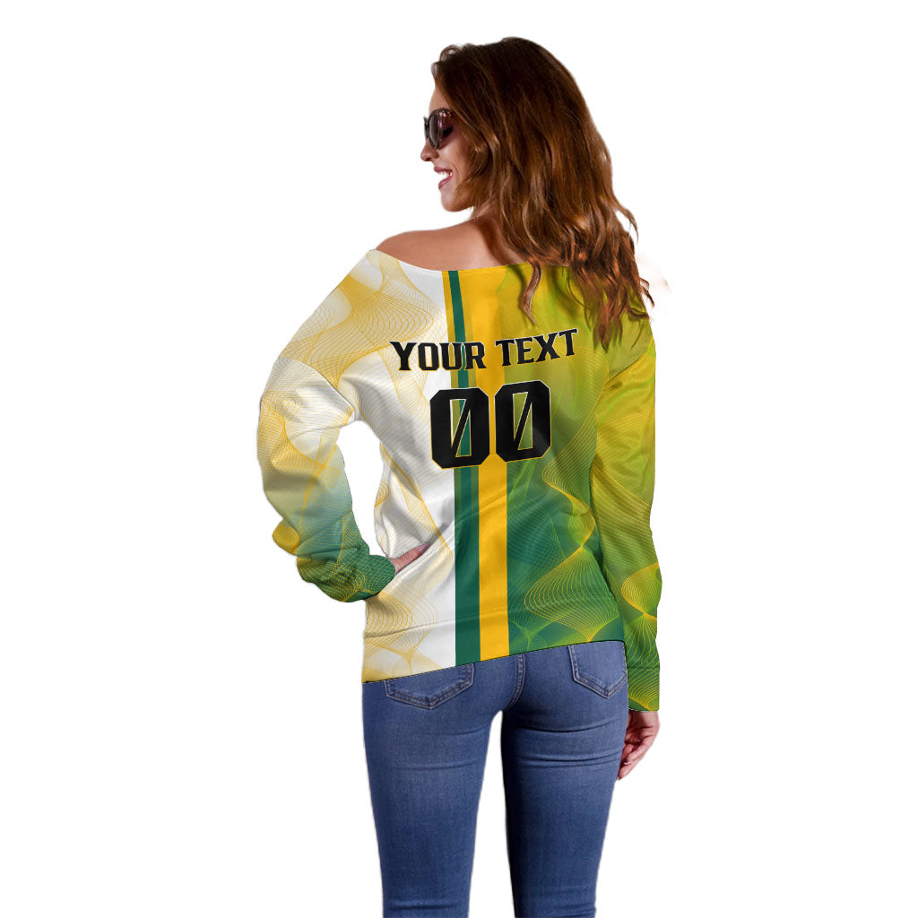 Personalized Australia Soccer Kangaroo Off Shoulder Sweater World Football Mascot Green Gold Abstract Wave