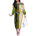 Personalized Australia Soccer Kangaroo Off The Shoulder Long Sleeve Dress World Football Mascot Green Gold Abstract Wave