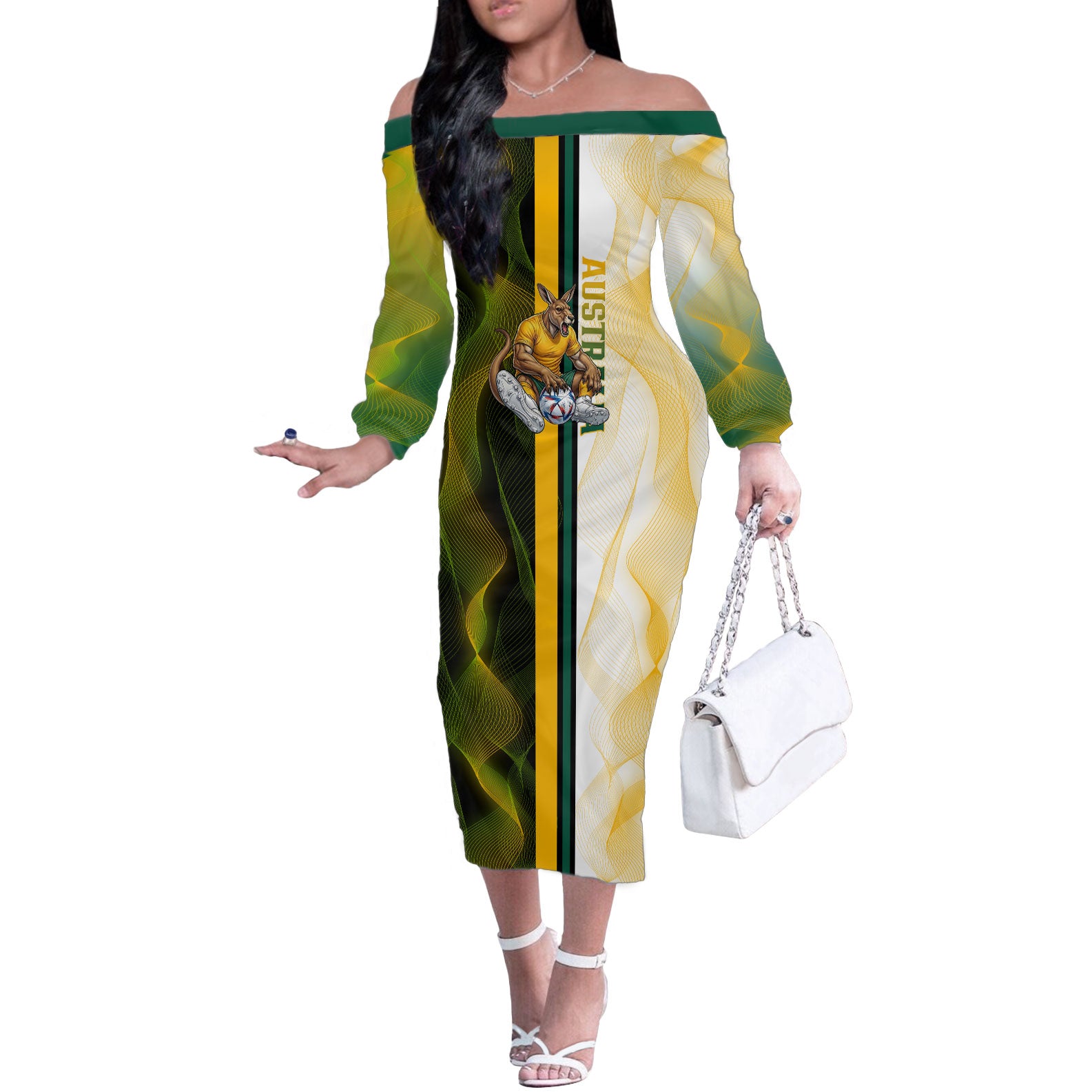 Personalized Australia Soccer Kangaroo Off The Shoulder Long Sleeve Dress World Football Mascot Green Gold Abstract Wave