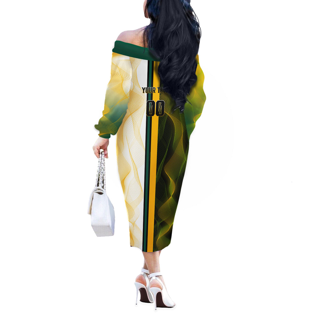 Personalized Australia Soccer Kangaroo Off The Shoulder Long Sleeve Dress World Football Mascot Green Gold Abstract Wave